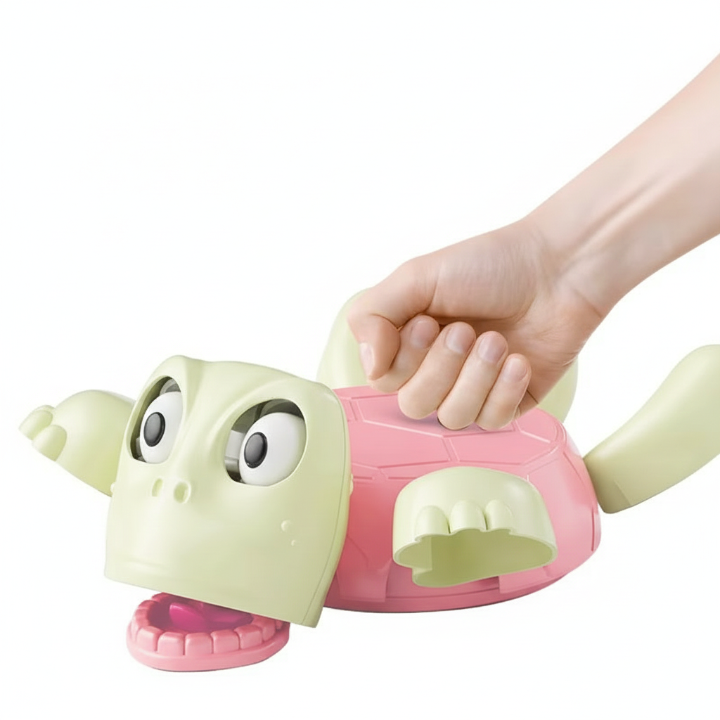Hand holding a green and pink plastic turtle toy with large eyes and open mouth