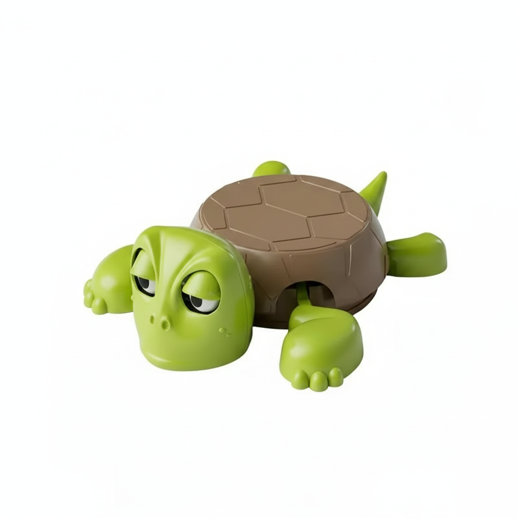 Tartaruga de brinquedo verde e marrom, estilo desenho animado, com rosto expressivo sobre fundo branco.