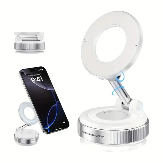 Anel de luz branco portátil com suporte ajustável e encaixe para smartphone, ideal para videochamadas e selfies.