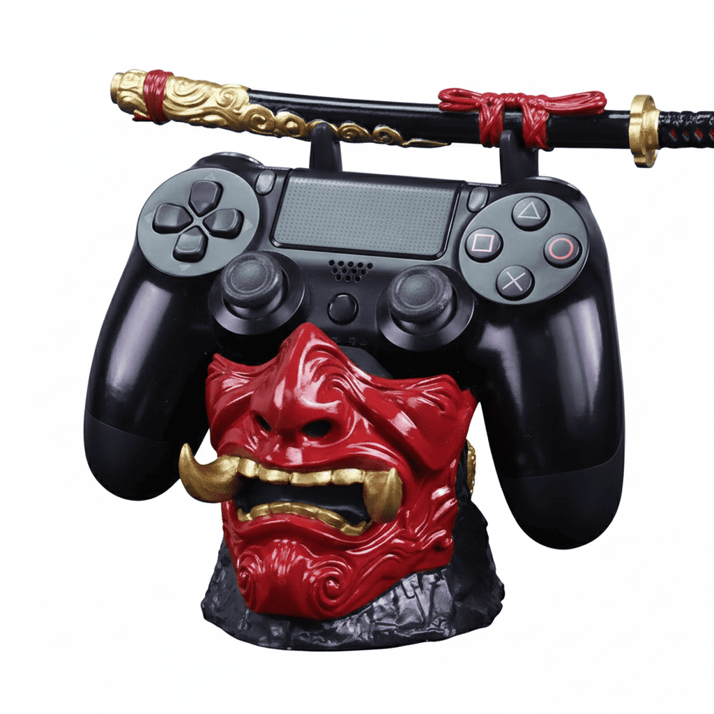 Suporte preto para controle de jogos com base em formato de máscara de demônio vermelha e dourada e suporte decorativo para espada.