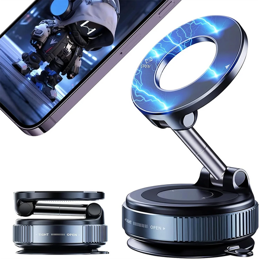 Suporte magnético sem fio com design elétrico azul, que suporta um smartphone com uma figura robótica na tela.