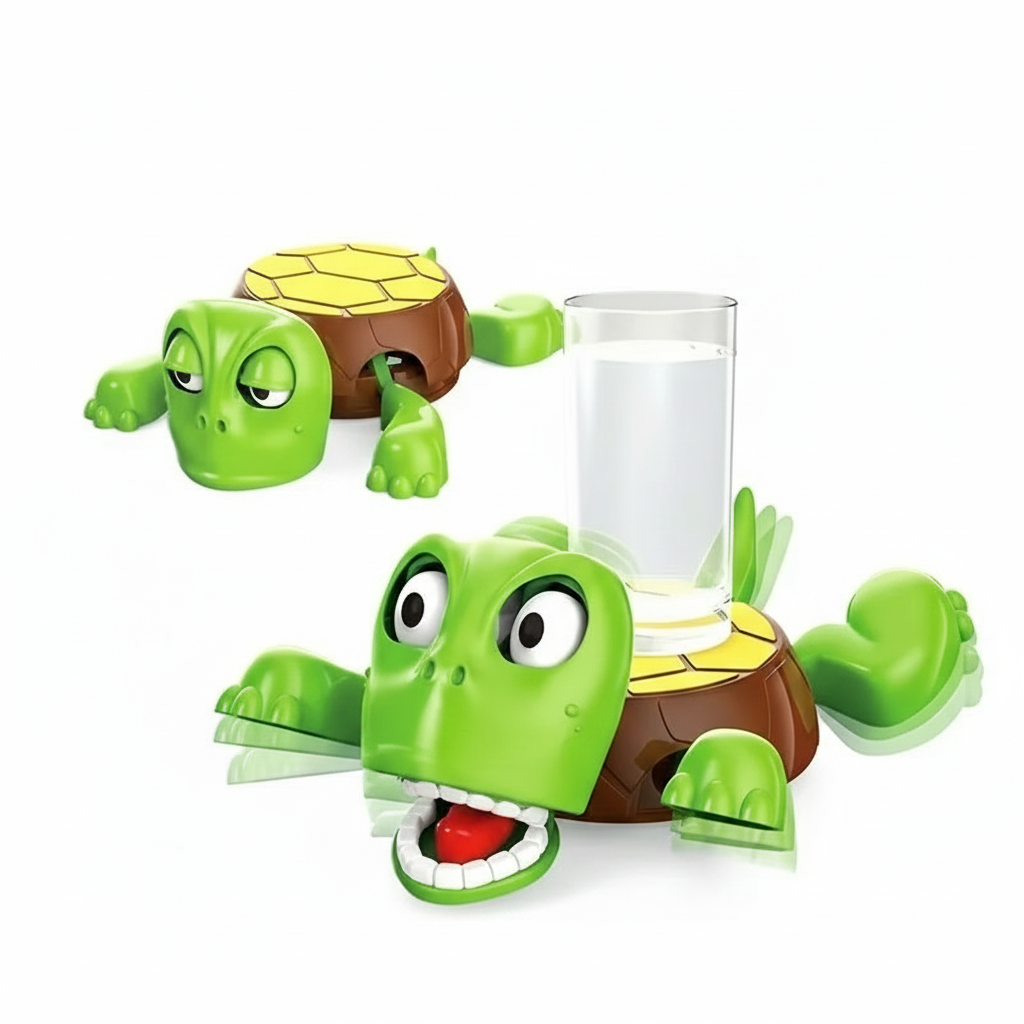 Two green turtle-shaped drink holders with yellow shells, one holding a glass of milk, on white background