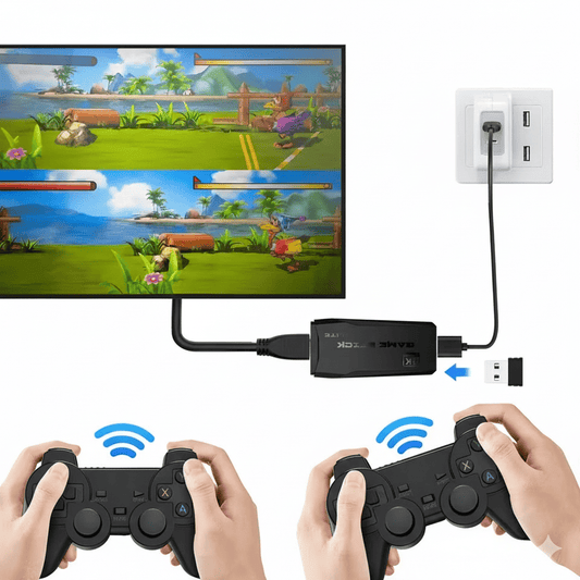 Adaptador de controle de jogos sem fio conectado à tomada, fornecendo energia para jogo multiplayer em tela dividida na TV.